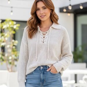 Joie - Cream Metallic Glitter Shimmer Sequins Open Knit Lace-up Sweater